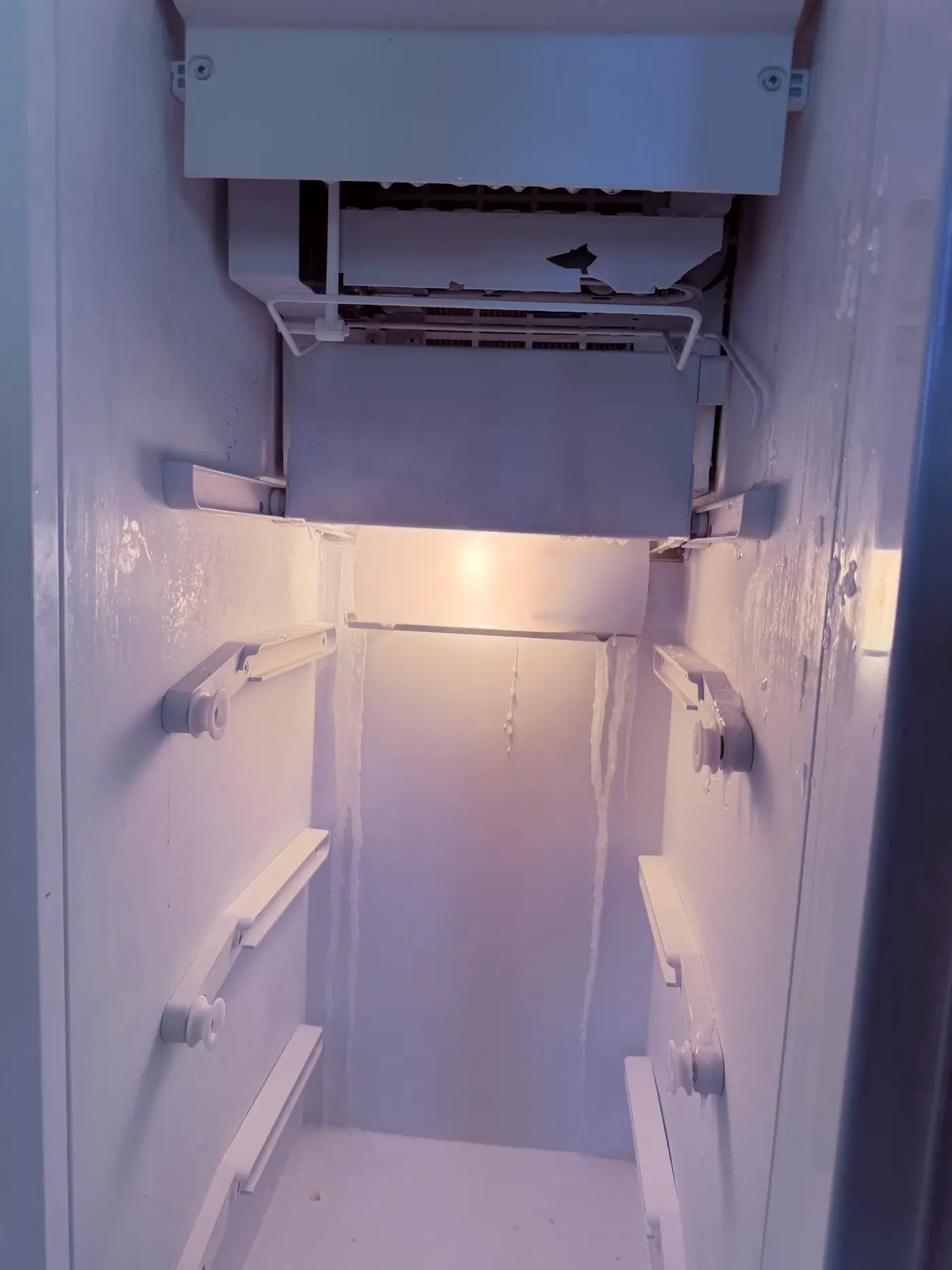 Ice and condensation on the walls of a Sub-Zero freezer compartment caused by a failed door gasket